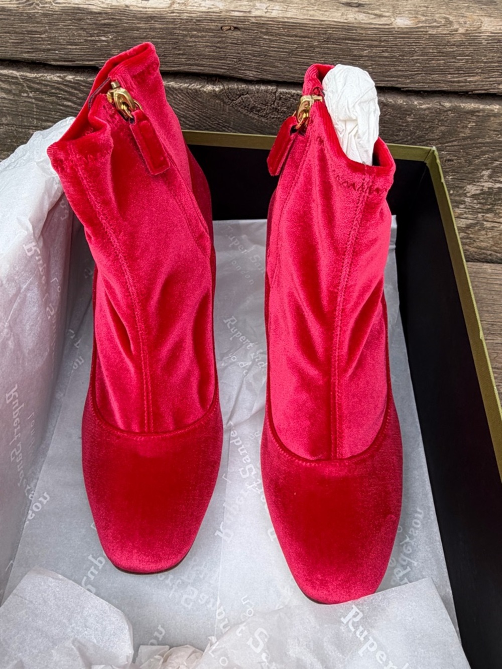 Rupert Sanderson Fernie Sangria Velvet Ankle Boots with Gold Zip